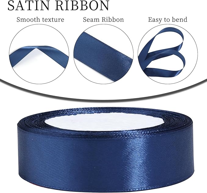 Navy Blue Ribbon for Gift Wrapping, 1 inch Polyester Satin Hair Ribbon for Flower Bouquet, Weeding Decoration, Baby Shower, Crafts Bows Fabric Christmas Ribbons 25 Yards