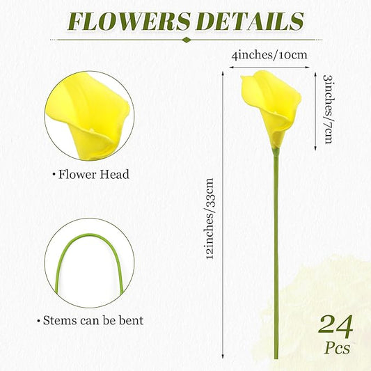 24 Pcs Yellow Artificial Calla Lily Flowers Fake Yellow Silk Flowers Real Touch for Wedding Bouquet Office Home Kitchen Decor