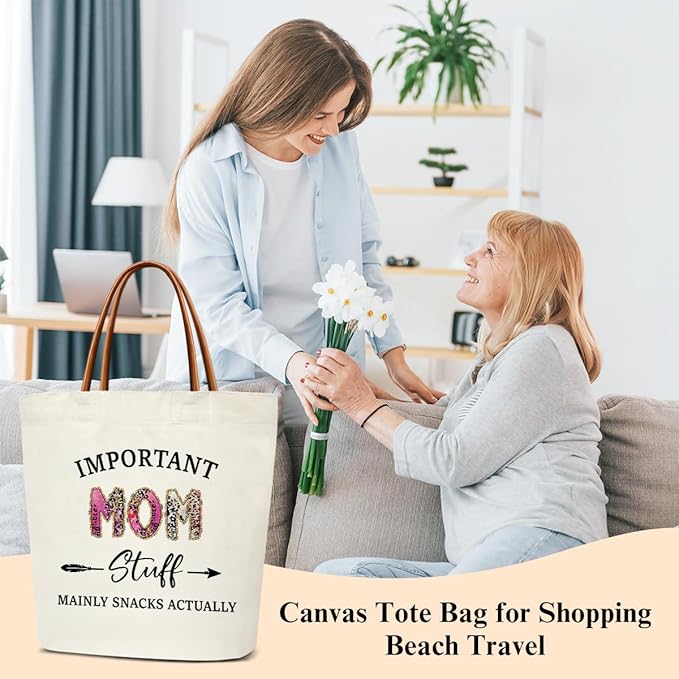 Canvas Tote Bag for Women, Important Stuff Bag with Leather Handle, Reusable Grocery Bags for Shopping Beach Travel