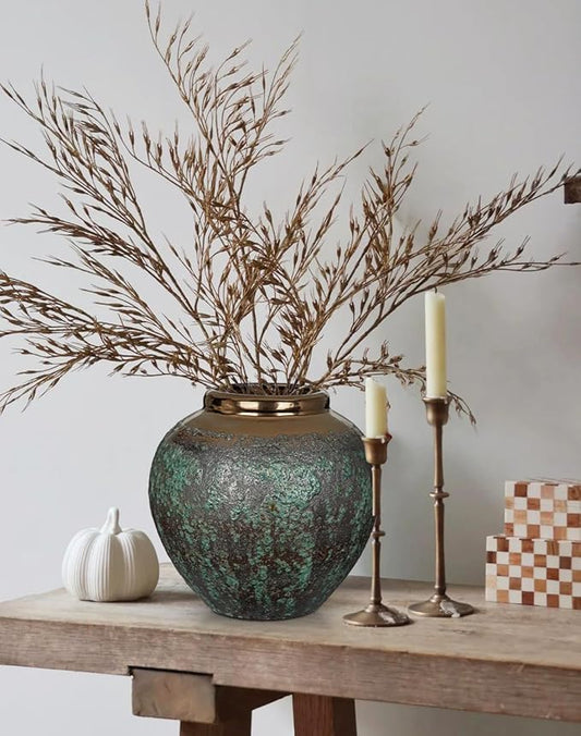 Ceramic Flower Vase, 12" Rustic Farmhouse Flower Vase with Wide Bronze Mounth, Vintage Tall Terracotta Vase for Home Office Resto Café Decoration