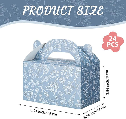 Dunzoom 24 Pack Dusty Blue Floral Paper Gift Boxes Party Favor Gift Gable Boxes with Chinoiserie Floral Printed Candy Treat Box for Wedding Birthday Tea Bridal Shower Party