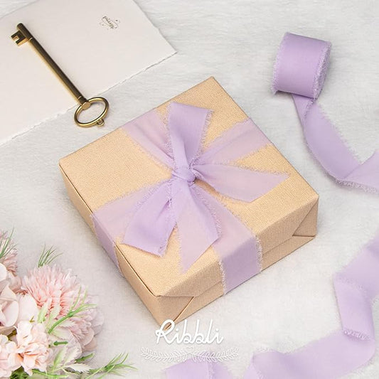 Ribbli Lavender Chiffon Silk Ribbon, 1-1/2 inch x 20 Yard, Handmade Fringe, Light Purple for Wedding Invitations, Bridal Bouquets, Flower Arrangement Decoration