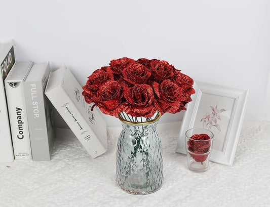 Glitter Roses,30PCS Fake Red Roses Glitter Flowers Bouquet Artificial Roses with Stems for DIY Crafts Wedding Bouquet Party Home Decor(Red)