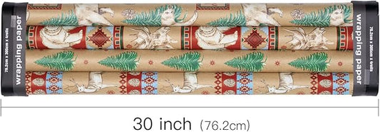 RUSPEPA Christmas Kraft Wrapping Paper - Polar Bear, Reindeer and Christmas Tree Design - 4 Rolls - 30 inches x 10 feet per Roll