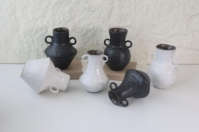 Rustic Small Ceramic Vase, Handcrafted Black Farmhouse Vase, Wabi Sabi Pottery Decor for Kitchen, Bedroom, Office, Living Room, Bathroom, Shelf Centerpiece Table