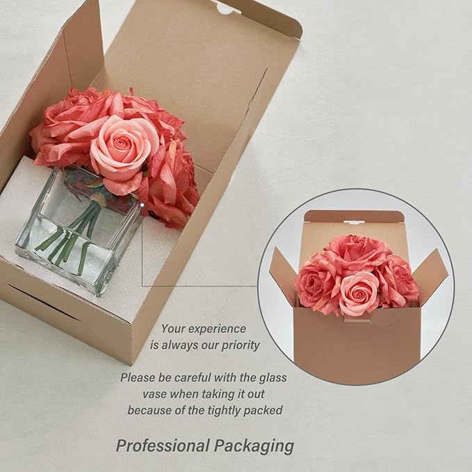 WELL KNOWN Rose Artificial Flowers in Vase with Faux Water, Silk Rose Table Centerpieces for Home Coffee Table Decor, Bean Pasty Pink Fake Rose Flower Arrangement for Wedding Office Hotel & Mom's Gift