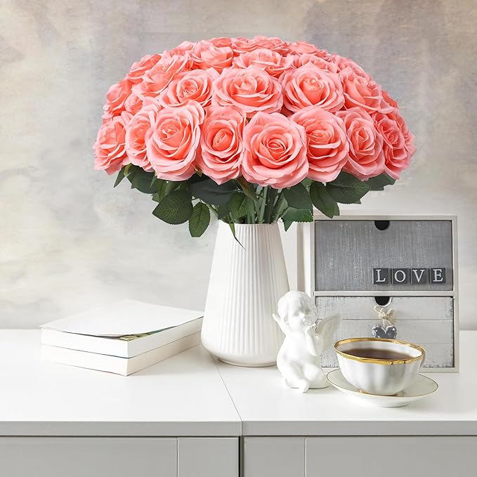 50pcs Artificial Rose Flower Coral Peach Flower with Long Stem Silk Roses Bouquet for Wedding Bridal Shower Party Home Decoration