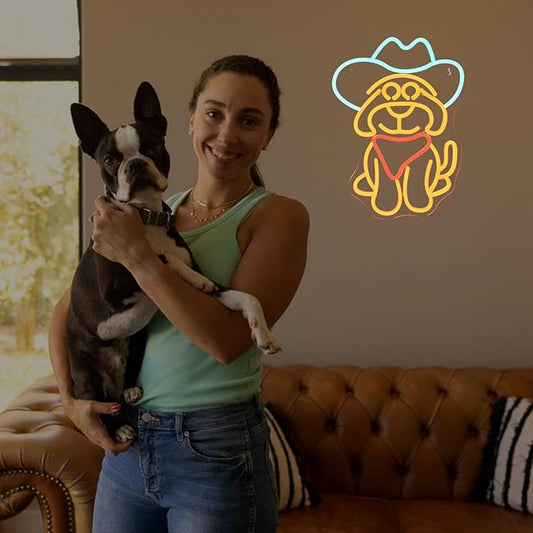 Cowboy Dog Neon Sign for Wall Decor Dog with Cowboy Hat Led Light Sign for Pet Shop,Bedroom,Wall,Home,Western Party Decor Gift for Children Lover Dimmable Animal Neon Signs