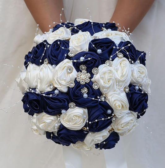 Bridal Wedding Bouquet Round Bling Brooch Bouquet Throw Toss Artificial Rose Flower Bunch for Bride Bridesmaid Wedding Quinceanera(Navy Blue & Ivory, 7.5")