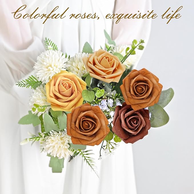 BLEUM CADE 36Pcs Artificial Flowers Fake Roses with Stems, Gradient Burnt Orange Boxed Foam Roses for DIY Bouquets Centerpieces Wedding Party Arrangement Bridal Shower Decor