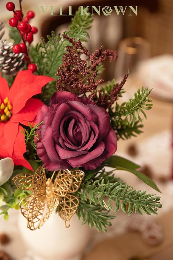 11 Pcs Artificial Christmas Flowers Bouquet Pine Branches 14" Red Poinsettias FLowers Faux Greenery Spary Stems Red Berry Pine Cones Fake Cedar Picks for DIY Crafts Tabletop Winter Home Party Decor