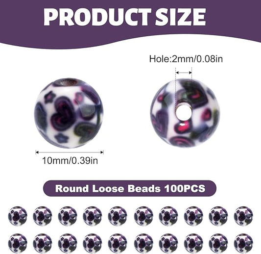 100 PCS 10mm Resin Beads Bulk for Bracelet Making Kit, Heart Printed Round Loose Beads for Jewelry Earring Necklace Rings Art Craft DIY Projects