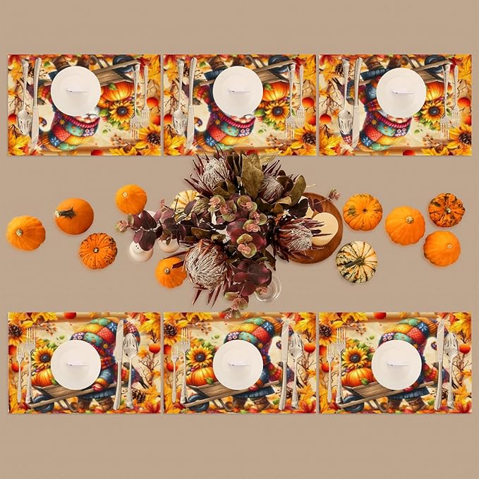 Autumn Gnome Pumpkin Flower Placemats Set of 1 PVC Vinyl Non Slip Table Mats Heat Resistant Place Mats Washable Wipeable Dining Table Mat for Kitchen Decor Party Indoor Outdoor Decorative Gift