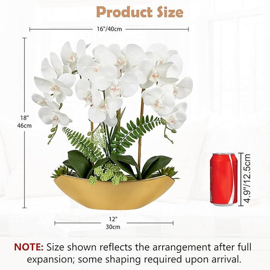 Briful Orchid Fake Flowers 18in White Artificial Orchid Silk Flowers in Gold Pot Faux Orchid Arrangement for Home Office Bathroom Dining Table Modern Decoration