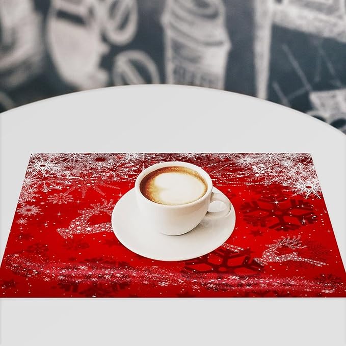 Christmas Elk Placemats Cartoon Red Festive Christmas Snowflake Gift Bell Beautiful Deer Placemats Table Kitchen Dining Party 12x18 Inch Set of 4