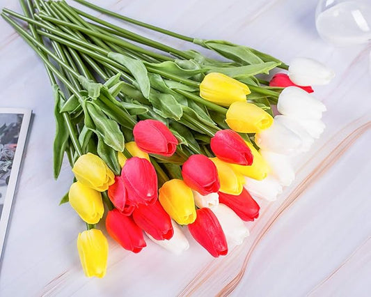 30pcs Artificial Tulips Flowers Real Touch Multicolored Tulips Fake Holland PU Tulip Bouquet Latex Flowers for Wedding Party Office Home Kitchen Decoration (White Red Yellow)