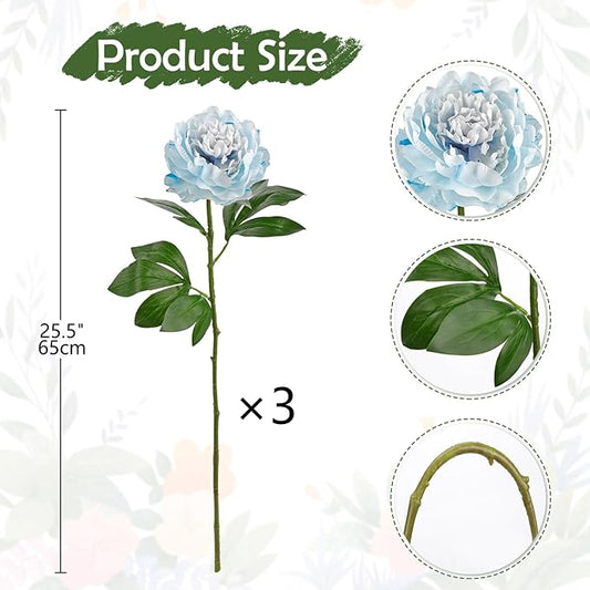 Briful 3PCS Faux Peony Flower Stems, 25.5" Artificial Peony Flowers Realistic Fake Flowers for Vase Arrangements Wedding Centerpieces Decoration(White Blue)