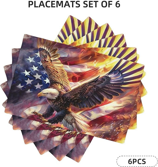 American Flag Placemats Set of 6 Washable Table Bald Eagle Heat-Resistant Cotton Linen Place Mats for Dining Table Kitchen Indoor Outdoor Party Holiday Decor