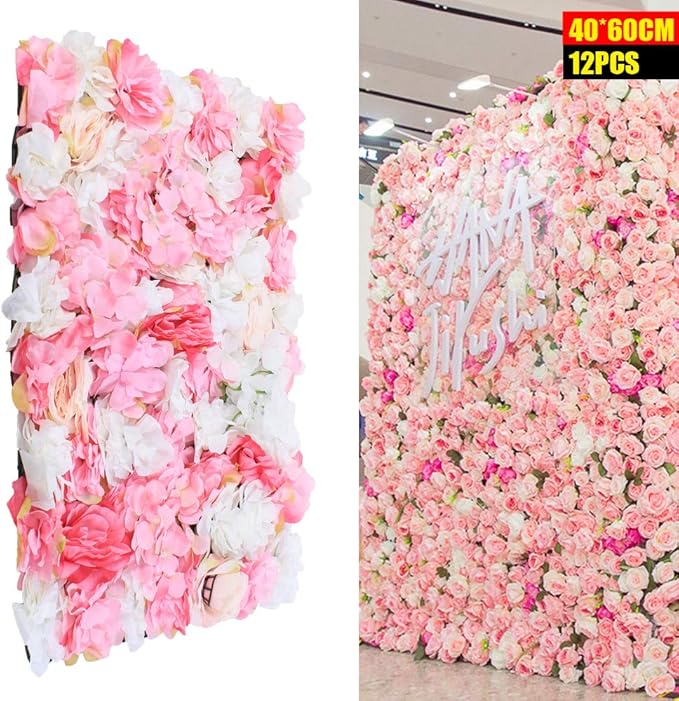 16"x 24" Artificial Flower Wall Panels,Flower Wall Mat Silk Flower Panels for Outdoor Garden Backyard Fence Fence Privacy Screen and Indoor Wall Decor(12Pcs Pink+White+Rose Red)