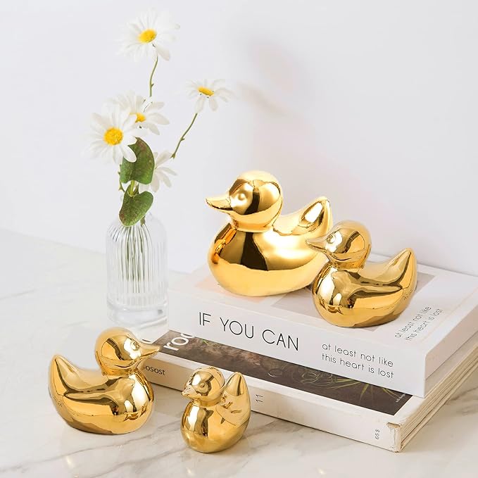 Golden Ceramic Duck Figurines,Home Decor Animal Sculptures and Statues Handmade Artware Decor,Mini Duck Sets 3 PCS