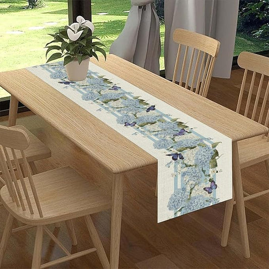 Blue Floral Table Runner, Spring Summer Watercolor Hydrangea Flower Butterfly Country Farmhouse Coffee Table Center Decor for Home Kitchen Dining Patio Holiday Party Table Decorations 13x108 inches