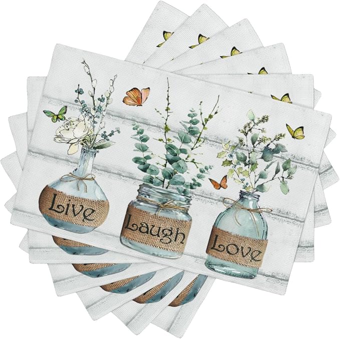 Eucalyptus Placemats Set of 6 Farmhouse Green Botanical Table Mats Washable Place mats for Home Party Indoor Kitchen Dining Table Decoration 12x18 Inch