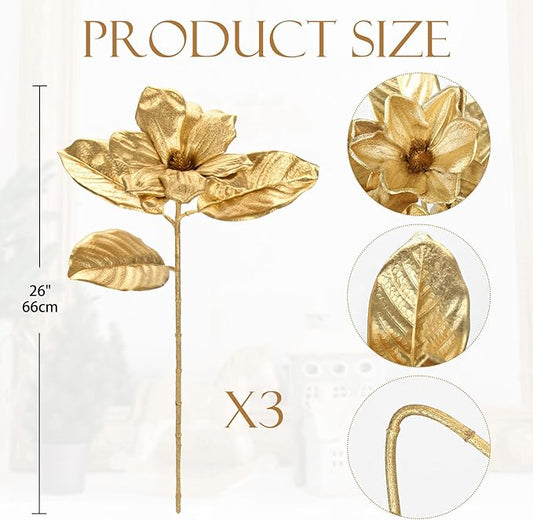 Briful Set of 3 Gold Magnolia Floral Stems 26in Magnolia Artificial Flowers Silk Magnolia Flower Branches for Christmas Home Office Table Vase Decor