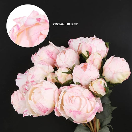 Pink Peonies Artificial Flowers 2 Bouquets Vintage Peonies 18pcs Pink Flowers Artificial for Wedding Decoration Bride Bouquet Faux Crafts Floral Arrangement