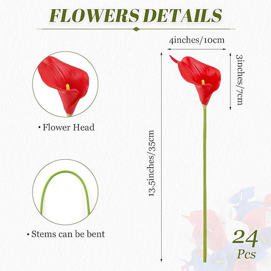 24 Pcs Patriotic Calla Lily Flower 4th of July Artificial Flowers Fake Blue White Red Silk Flowers Real Touch for Independence Memorial Day