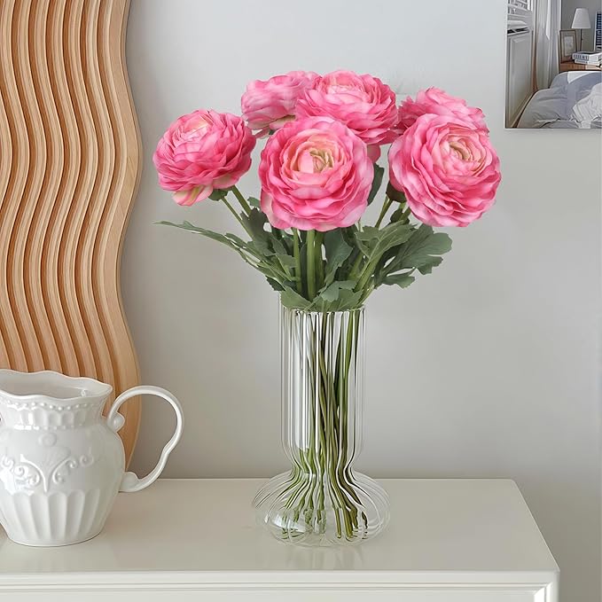 6PCS Pink Ranunculus Artificial Flowers Real Touch Peonies Fake Ranunculus Stems for DIY Wedding Bouquet Party Table Home Decor(Deep Pink)