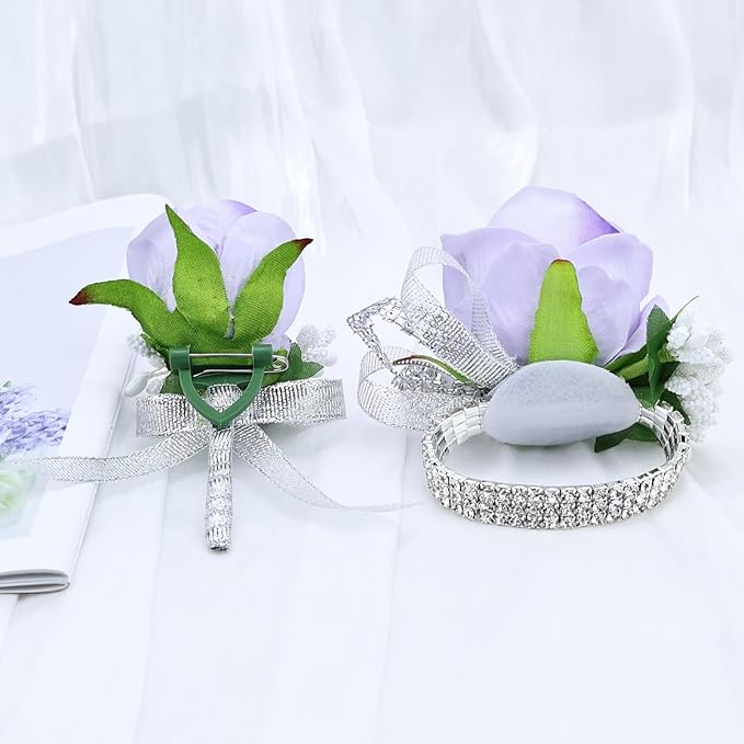 2Pcs Light Purple Rose Corsage and Boutonniere Set, Artificial Wrist Corsage Wristlet Bracelets, Men Boutonniere for Wedding Anniversary Party Homecoming Flowers Accessories Prom Decor