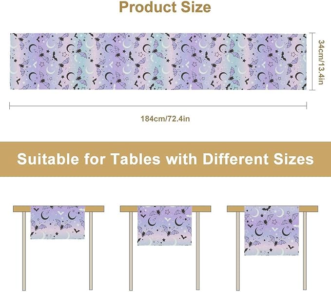 Gothic Table Runner,Cute Bat Star Sky Print Table Runner for Home Kitchen Table Dining Garden Farmhouse Wedding Party Decor 13x36 Inch