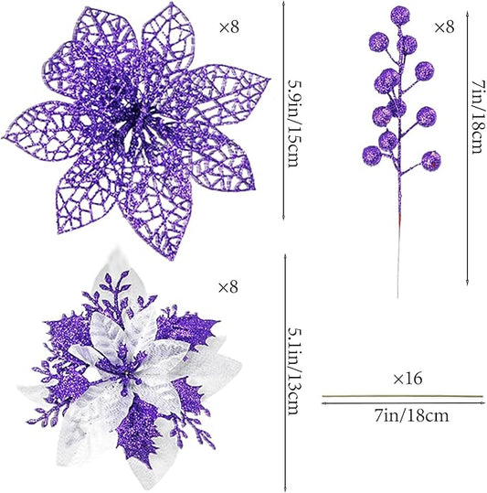 24Pcs Christmas Poinsettia Artificial Flowers and Glitter Berries Kit, 2 Styles Total 16Pcs Christmas Tree Flowers Ornaments, 8Pcs Christmas Tree Picks for Wedding Holiday Decorations, Purple