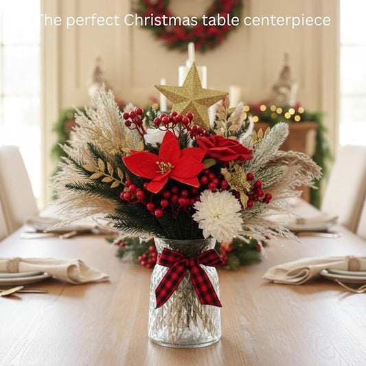 RyddeligHome Christmas Centerpieces for Tables, Holiday Table Decor, 100pcs Christmas Floral Arrangements in Vase, Pottery Xmas Decorations, Artificial Poinsettia Red Berry Pine Branches