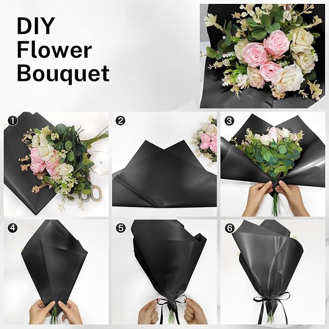 YTDEK Flower Wrapping Paper 20 Sheets Black Floral Bouquet Wrapping Paper with Ribbon for Florist Supplies Birthday Graduation Anniversary Wedding Shower