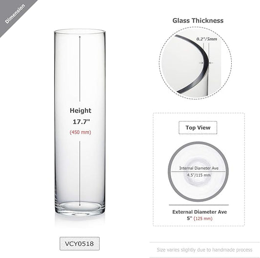 WGV Cylinder Vase Bulk, Diameter 5", Height 18", Clear Glass Floral Planter Container, Tall Centerpiece Arrangement for Wedding Party Event Home Office Decor, 4 Pieces