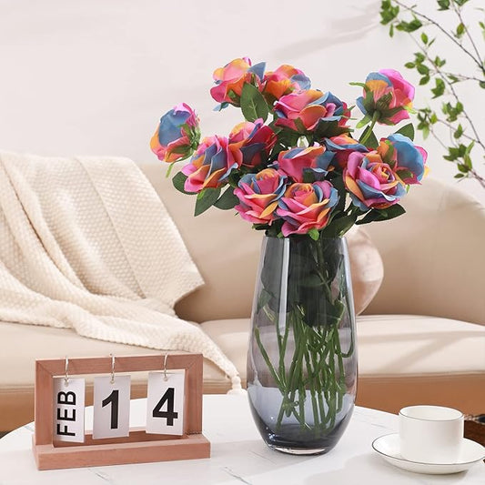 Rainbow Fake Roses Artificial Flowers - 10 Pcs Fake Artificial Roses Silk Flowers with Stems for Home Wedding Hotel Office Centerpiece Decor(Rainbow)