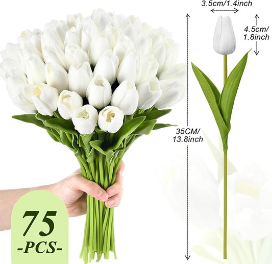 Janinka 75pcs Artificial Tulip Flowers Fake PU Tulips Faux Latex Bouquet Flower Centerpieces Arrangement Floral for Mother Day Wedding Spring Decorations (White)