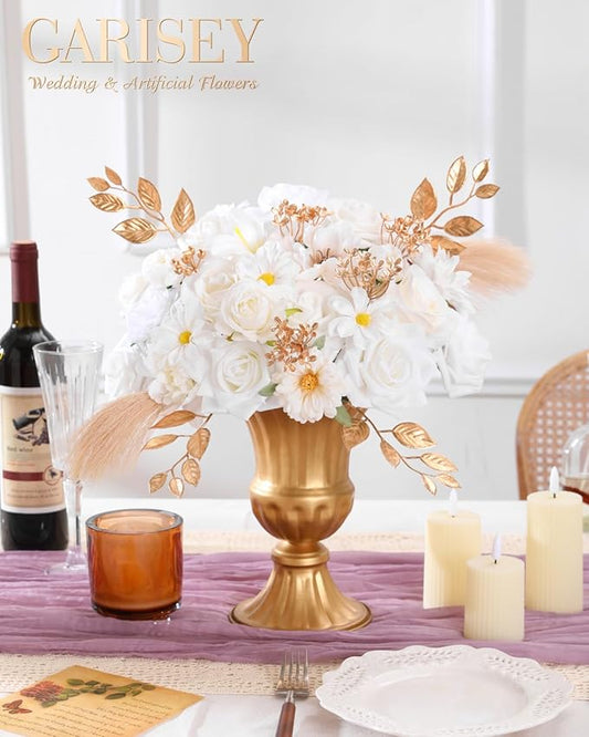 Artificial Flowers Combo, Mix Silk Flowers Roses, Peonies, Dahlias with Stems for DIY Wedding Bridal Bouquets, Baby Shower, Table Centerpieces, Home Decor, Fake Floral Arrangements-White