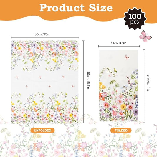 100Pcs Disposable Floral Paper Napkins Decorative Bathroom Napkins Guest Disposable Wild Flower Hand Towels Dinner Party Napkins for Wedding Birthday Party Baby Shower