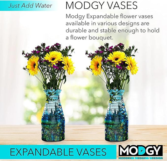 MODGY Expandable Flower Vase, Plastic Decorative Modern Foldable Printed Vases for Centerpieces for Wedding, Dining Table, Home Decor, Living Room, Bathroom, Iris Landscape, Louis C. Tiffany, 2 Pack