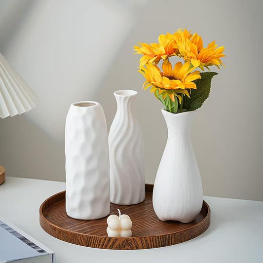 White Ceramic Vase Set Home Decor – Farmhouse & Boho Decorative Vase Set for Kitchen, Living Room, Bedroom, Office, Bookshelf Decor, Bathroom, Centerpiece Table Decor