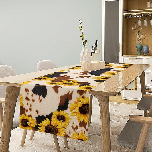 Cow Skin Print Table Runner, Vintage Sunflower Cottage Country Farm Animal Fur Skin Western Style Brown Cowhide Print Dinner Runner for Home Kitchen Dining Table 13x36in