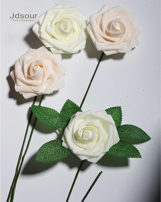50pcs Artificial Flower,Real Touch Foam Roses w/Stem DIY for Wedding Bouquet Centerpieces Party Shower Home Decor-Ivory Cream