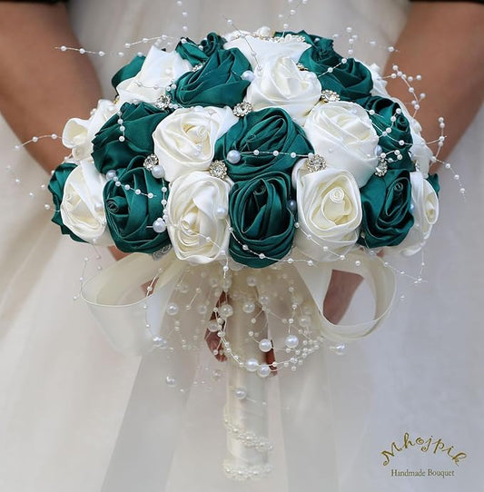 Bridal Wedding Bouquet Round Bling Brooch Bouquet Throw Toss Artificial Rose Flower Bunch for Bride Bridesmaid Wedding Quinceanera(Dark Green & Ivory, 9.8")