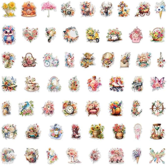 57 Pcs Vintage Watercolor Floral Stickers,Aesthetic PET Transparent Flowers Sticker Waterproof Decorative Decals for Journaling, Decoupage, Planners, laptops, Phone Case, Gift & Card Making