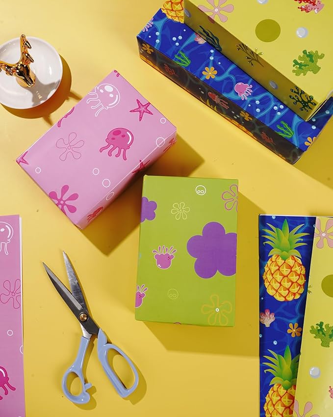 Pineraap Yellow Cartoon Wrapping Paper 12 Sheets Tropical Ocean Themed Gift Packing Paper Water Grass Jellyfish Flowers Pineapple Wrap Paper for Baby Shower Birthday Party Supplies, 20"×28"