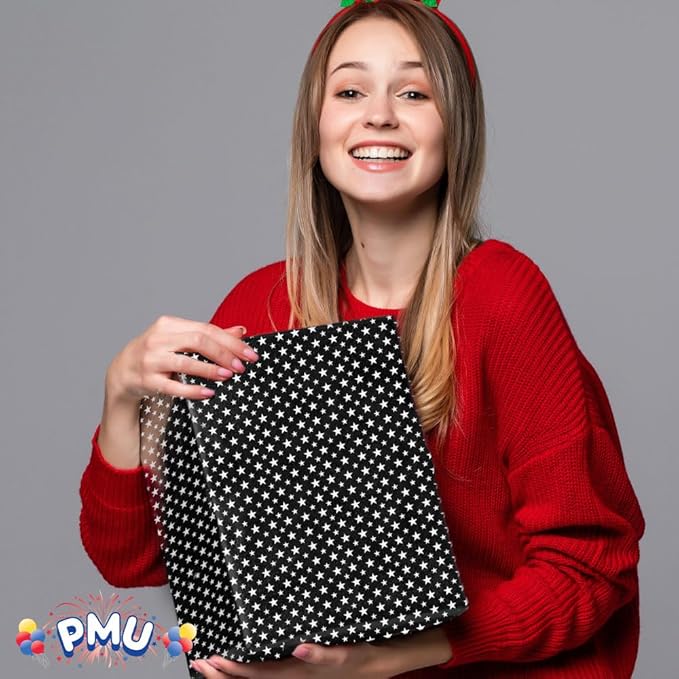 PMU Gift Wrap Mylar Roll Metallic Black with Silver Mini Stars 2-sided, 30 Inches X 25 Ft Roll 1.4 Mil Highly Reflective Mylar Film, Great for Gifts, Birthdays, Christmas, Baskets, Arts & Crafts