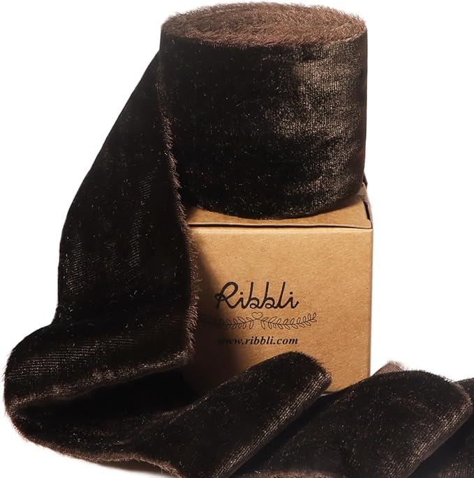 Ribbli Dark Brown Velvet Ribbon 2 Inch Handmade Frayed Vintage Christmas Ribbon for Gift Wrapping Christmas Tree Ornament Wreath Craft Home Decor -3 Yards