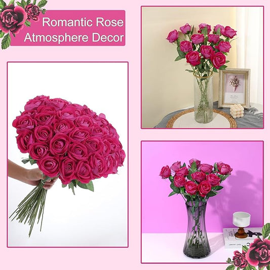 50Pcs Fuchsia Roses Artificial Flowers Fake Roses Faux Velvet Silk Flower for Home Wedding Decoration (Pearl Rose, Fuchsia)